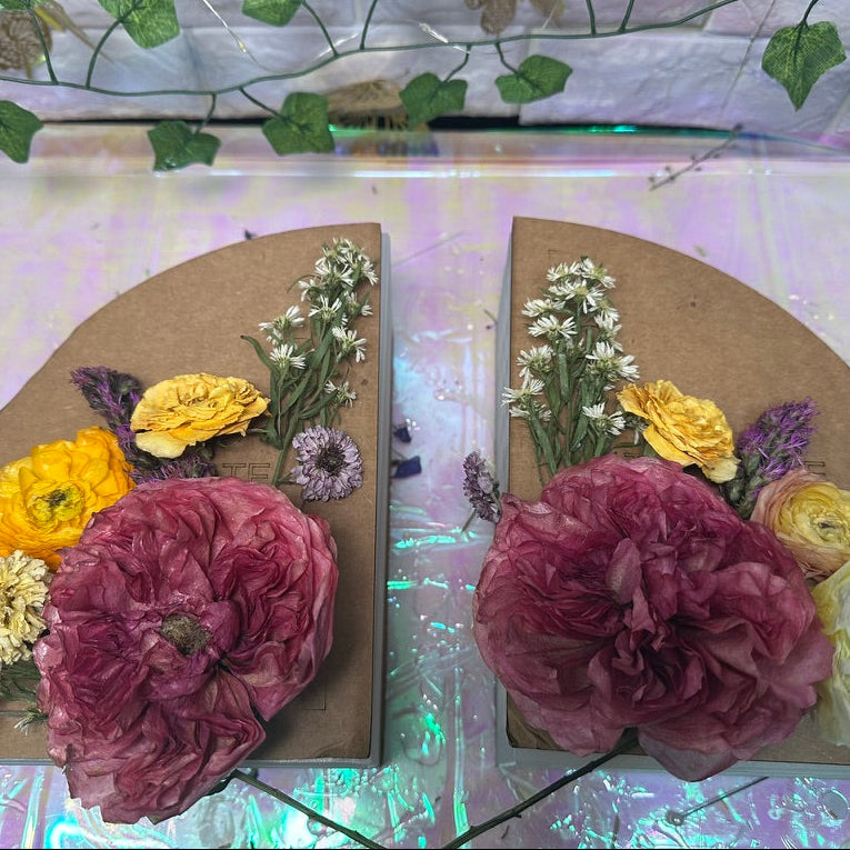 Two decorative items with flowers on a textured surface process image