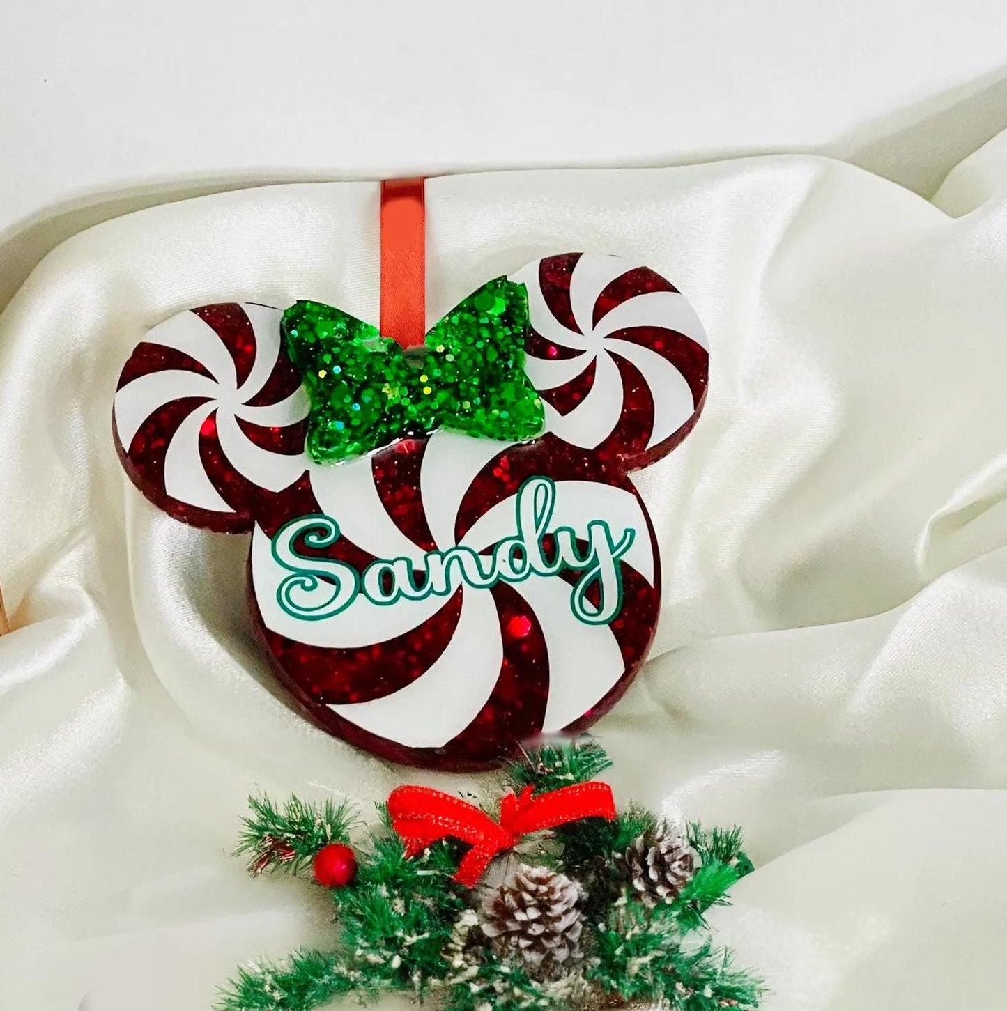 Custom Glitter Name Ornament – Peppermint Christmas Ornament with Bow, Personalized Holiday Gift