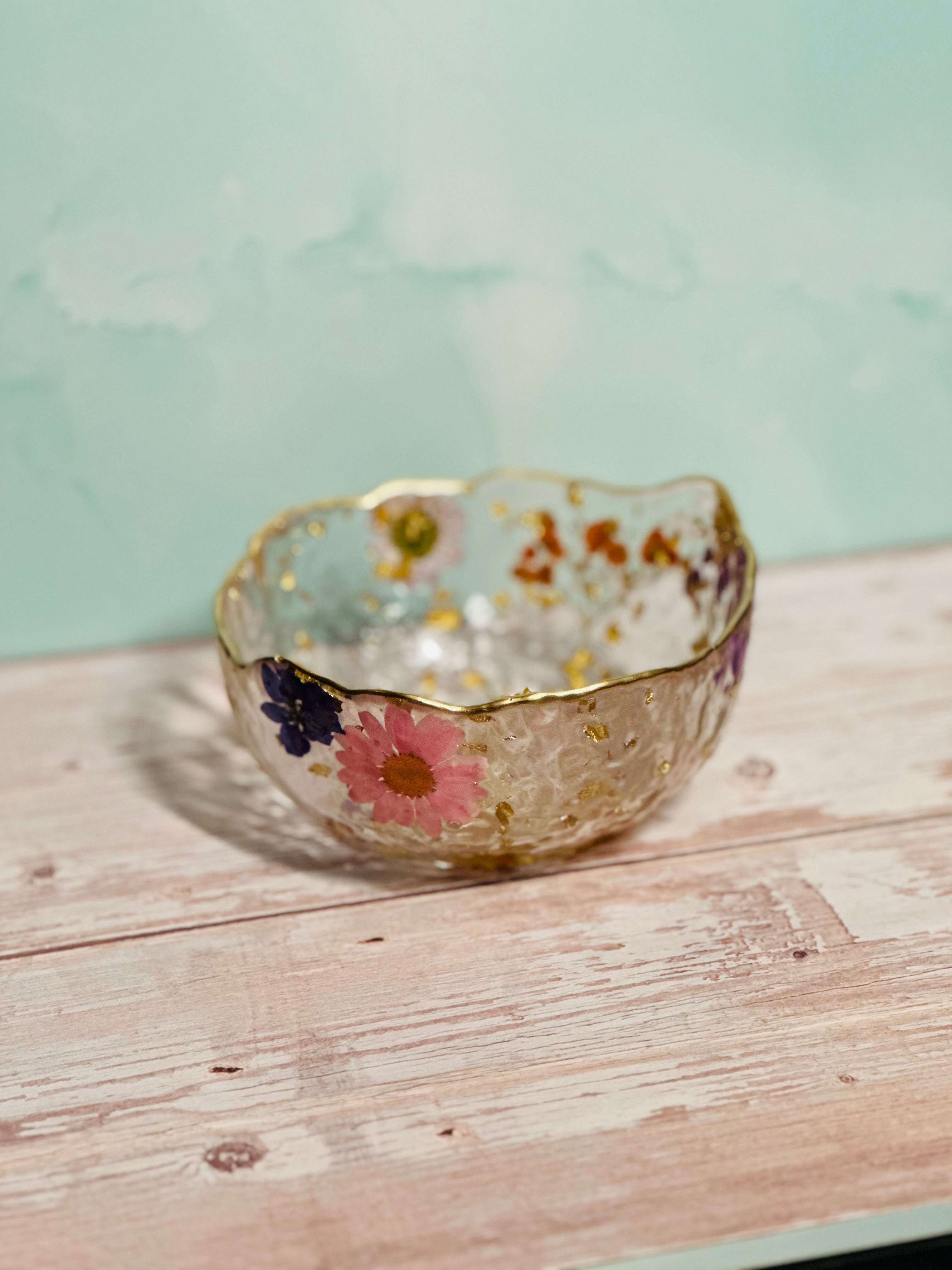 Custom Resin Trinket Bowl – 5″ Floral Catch-All Dish with Gold Trim – Handmade Philadelphia - Handmade By Theia