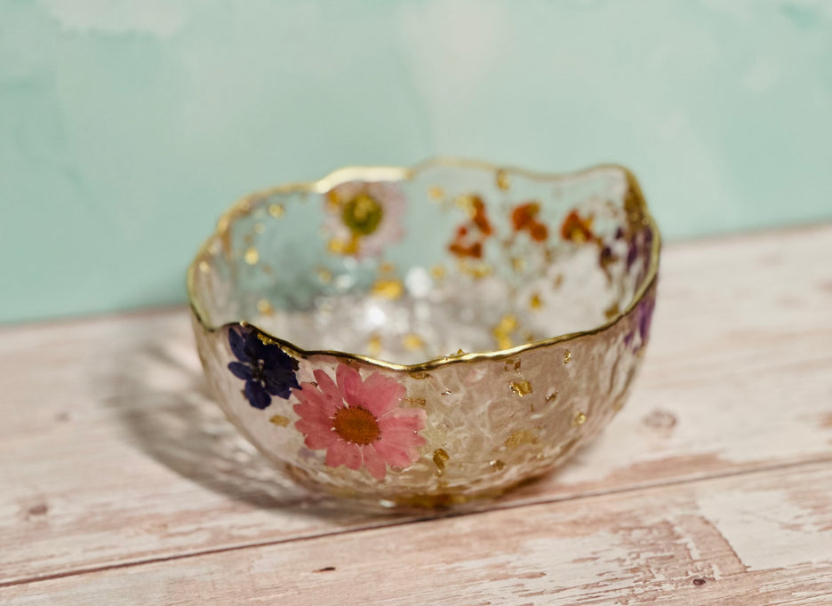 Custom Resin Trinket Bowl – 5″ Floral Catch-All Dish with Gold Trim – Handmade Philadelphia - Handmade By Theia