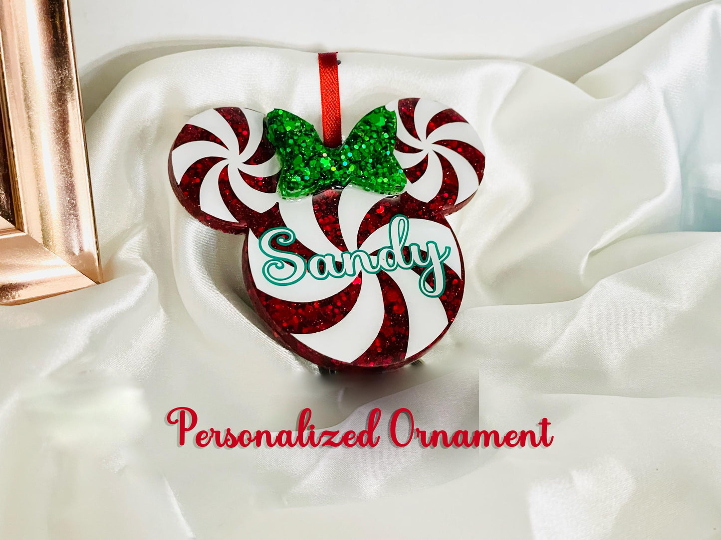 Custom Glitter Name Ornament – Peppermint Christmas Ornament with Bow, Personalized Holiday Gift