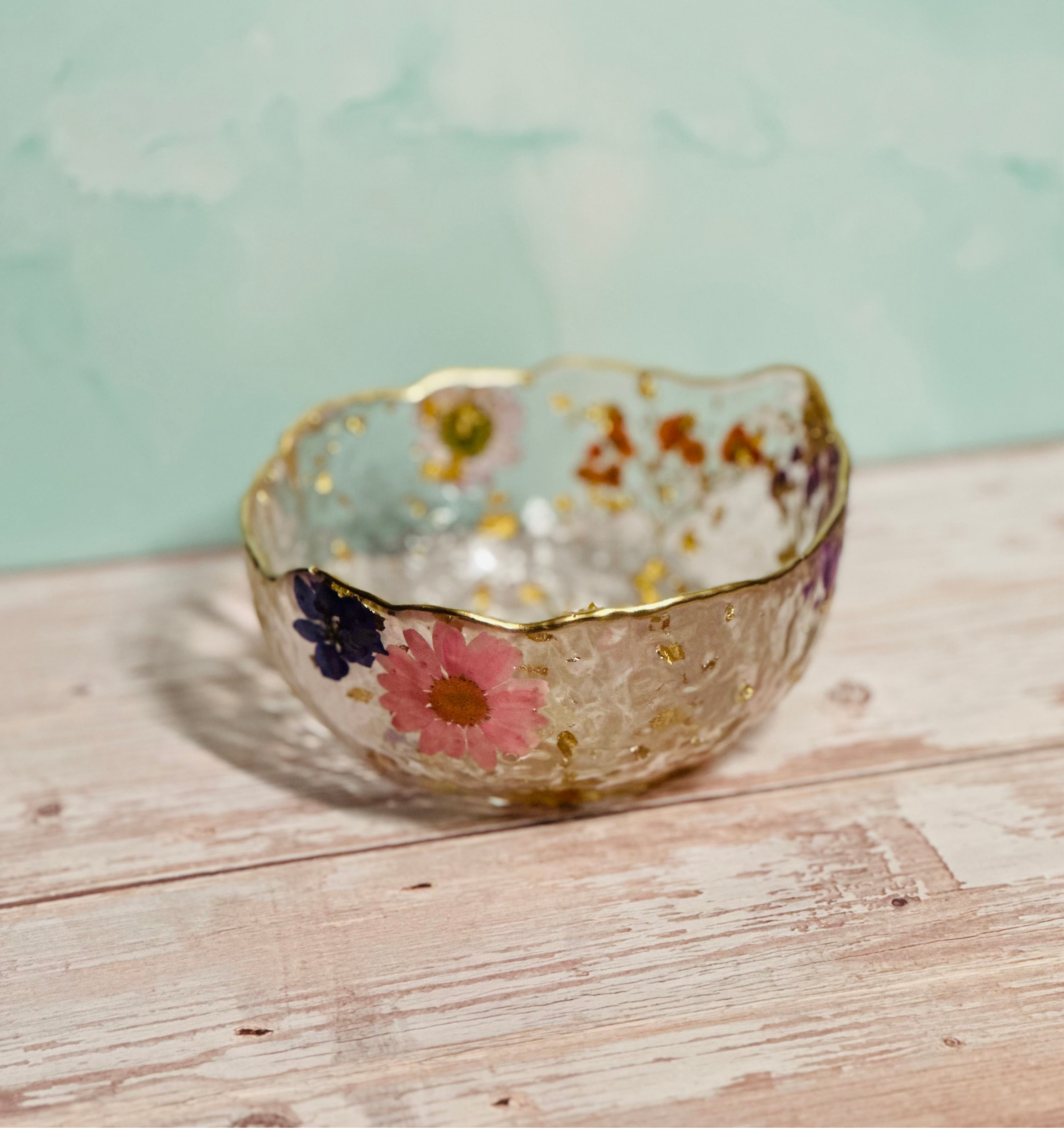 Custom Resin Trinket Bowl – 5″ Floral Catch-All Dish with Gold Trim – Handmade Philadelphia - Handmade By Theia