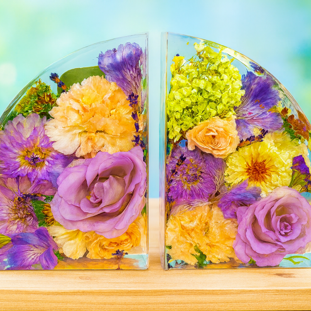 Colorful floral bookends on a wooden surface with a blurred green and blue background