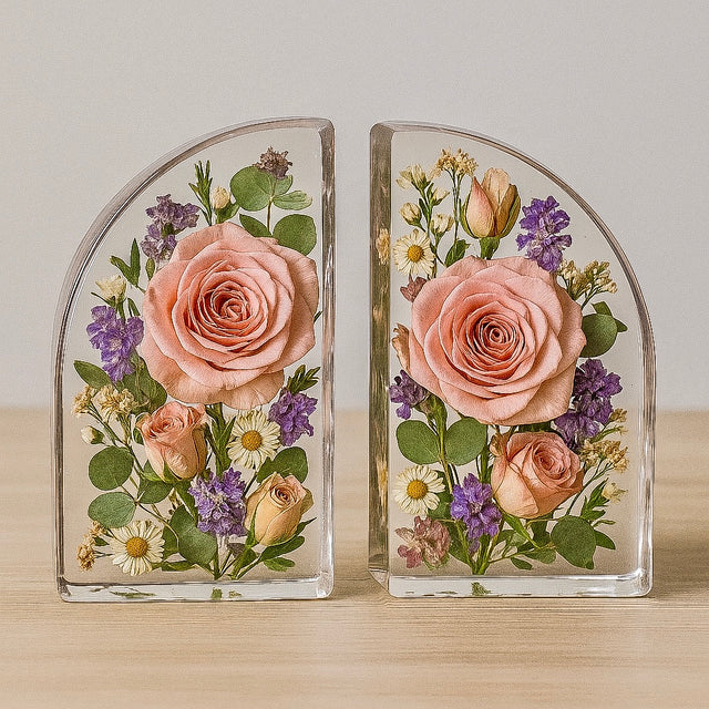 Decorative resin wedding flower bookends with pressed flowers on a wooden surface.