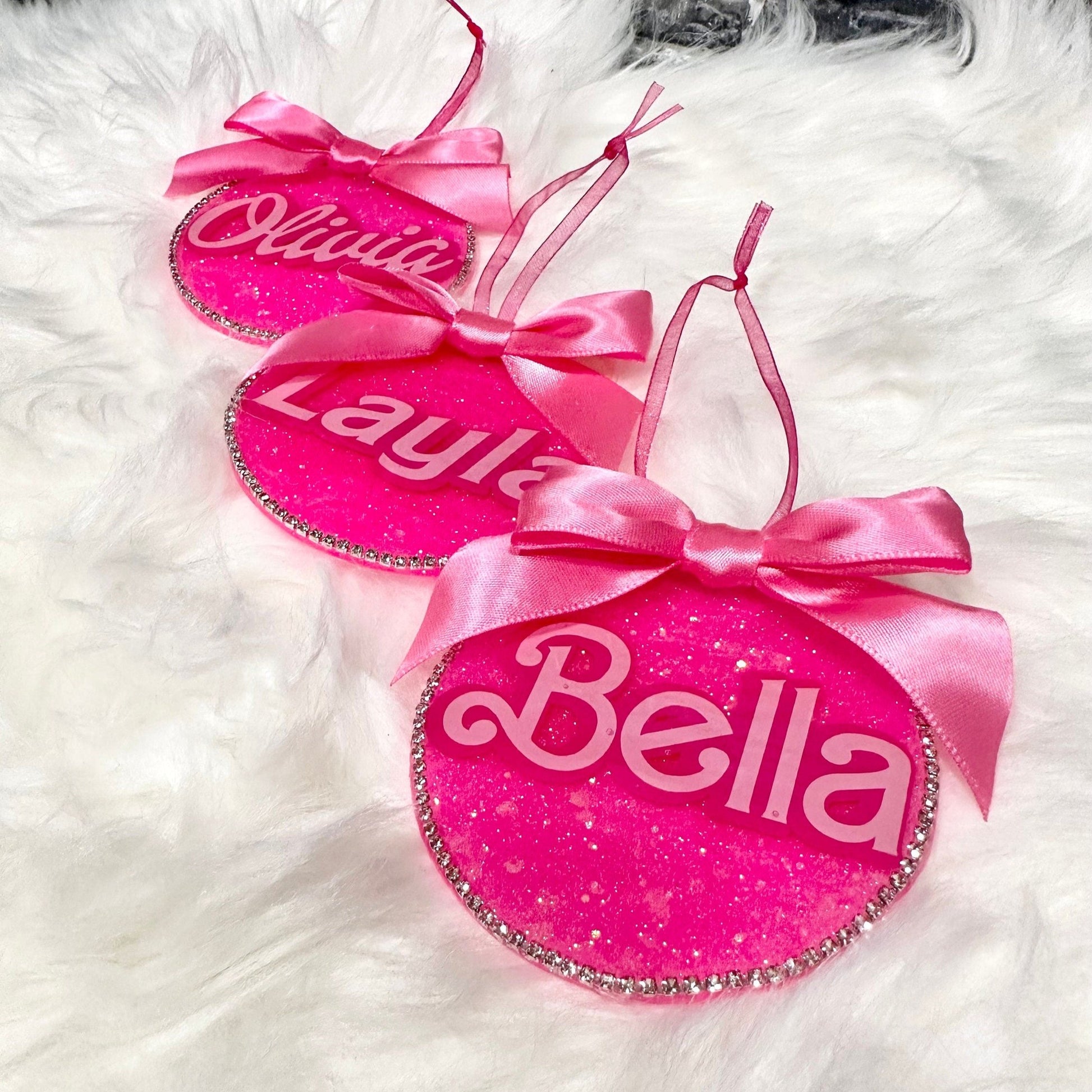 Personalized Christmas Ornament - pink girlie with rhinestones Handmade By Theia