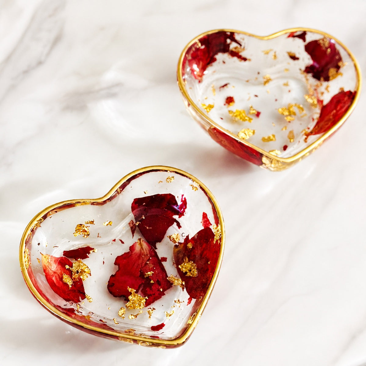 Heart Resin Ring Dish – Pressed Rose Petals & Gold Flakes - Handmade By Theia