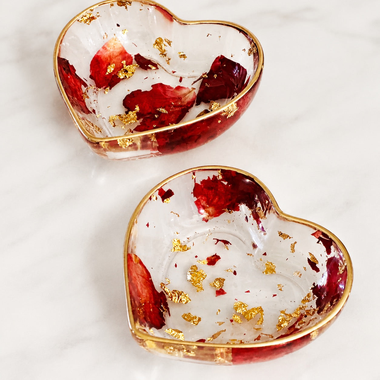 Heart Resin Ring Dish – Pressed Rose Petals & Gold Flakes - Handmade By Theia
