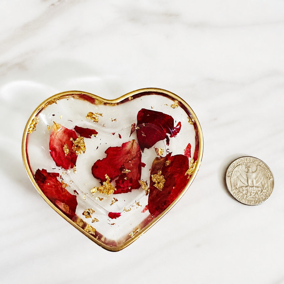 Heart Resin Ring Dish – Pressed Rose Petals & Gold Flakes - Handmade By Theia