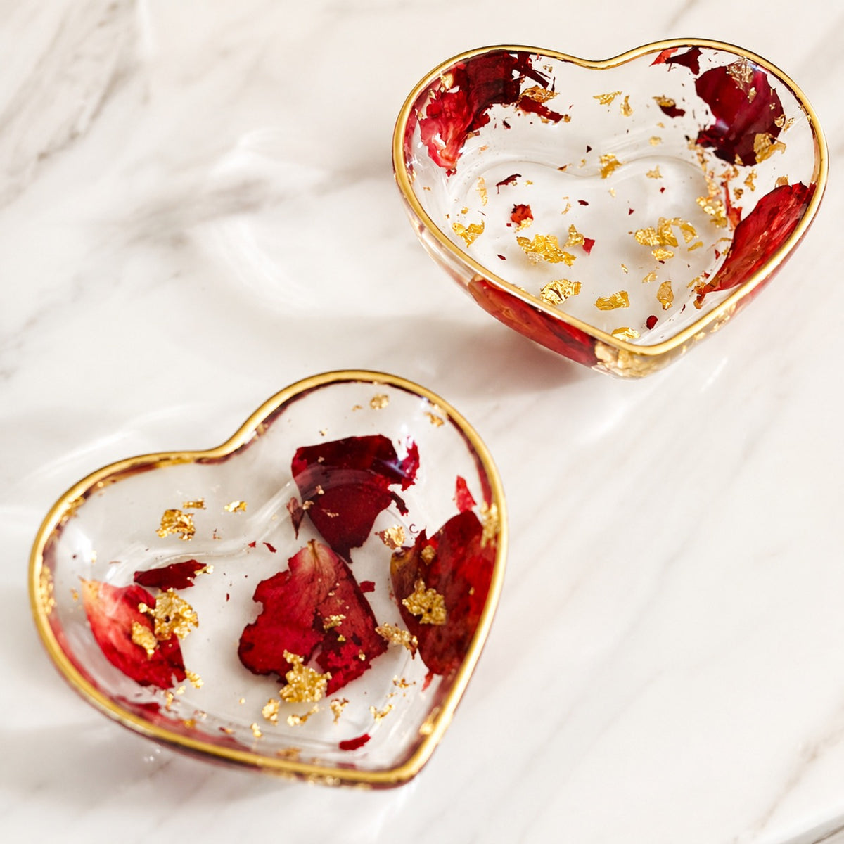 Heart Resin Ring Dish – Pressed Rose Petals & Gold Flakes - Handmade By Theia