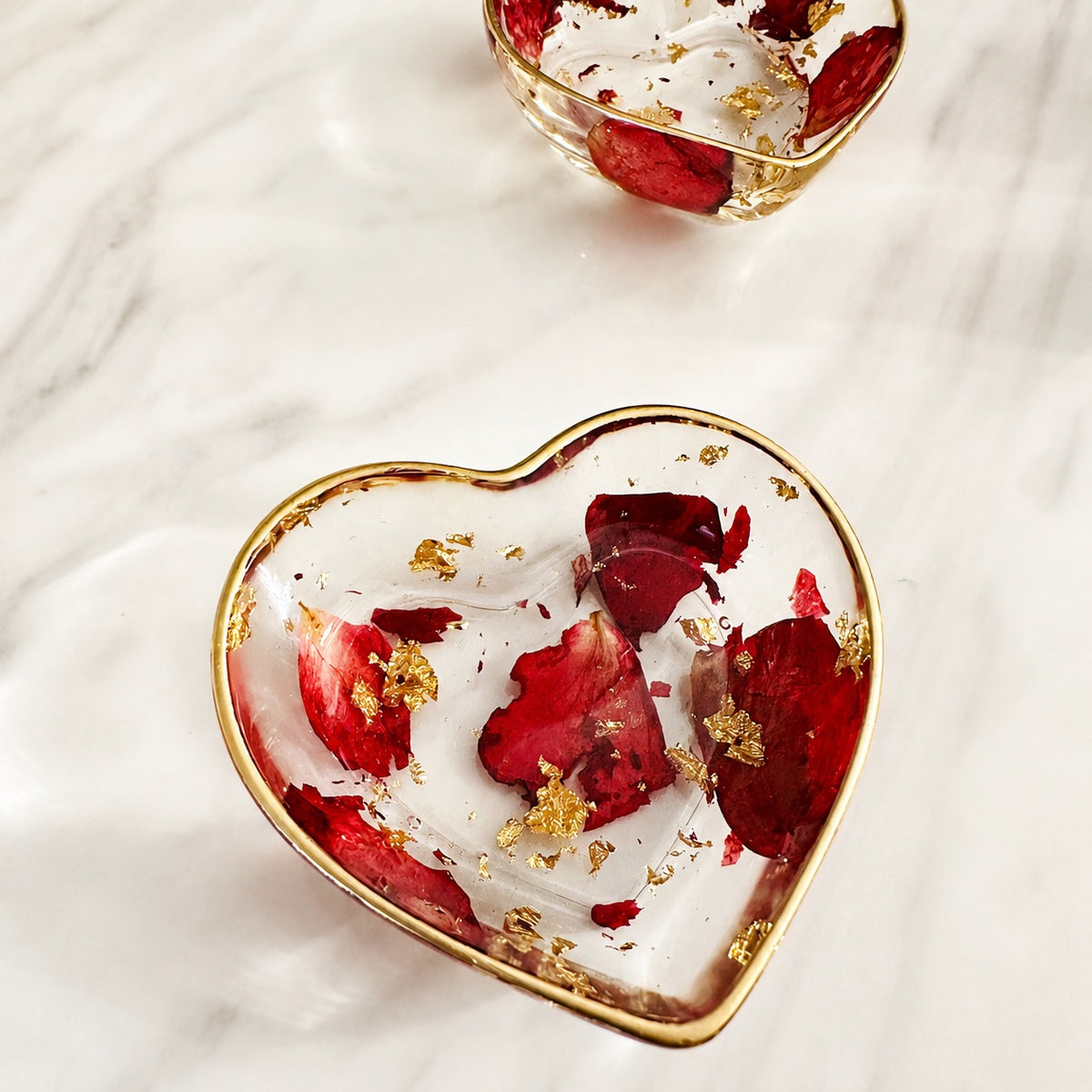Heart Resin Ring Dish – Pressed Rose Petals & Gold Flakes - Handmade By Theia