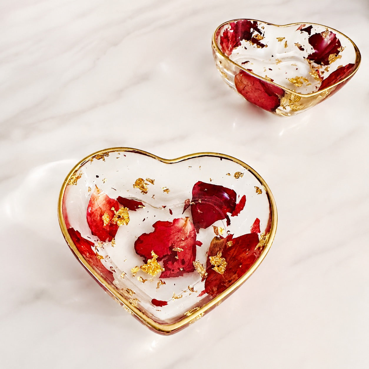 Heart Resin Ring Dish – Pressed Rose Petals & Gold Flakes - Handmade By Theia