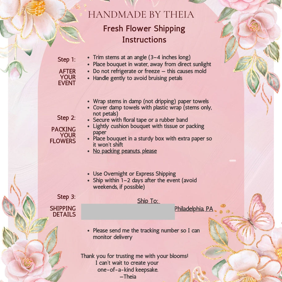 Handmade flower shipping instructions card with floral designs on a pink background