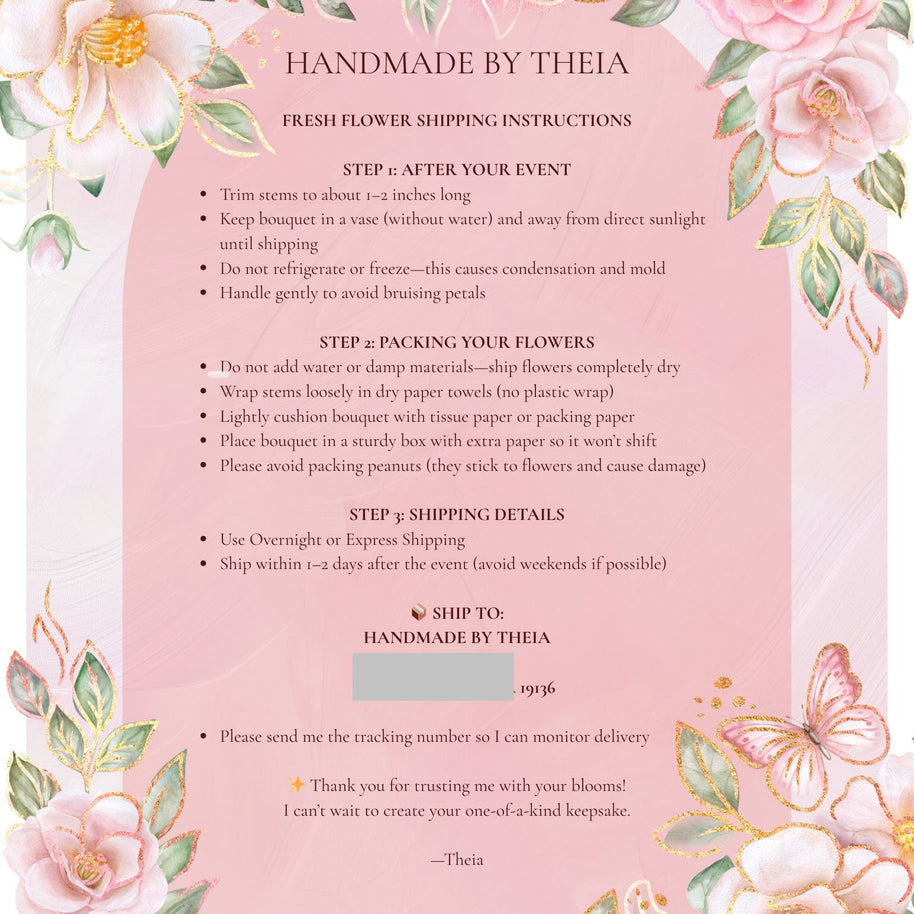 Floral-themed shipping instructions card with decorative elements on a pink background