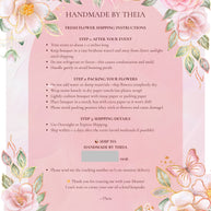 Floral-themed shipping instructions card with decorative elements on a pink background