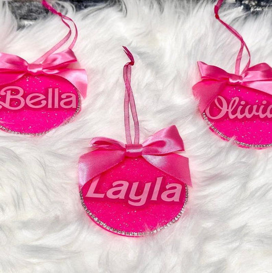 Personalized pink girly Christmas Ornament - Handmade By Theia with rhinestones