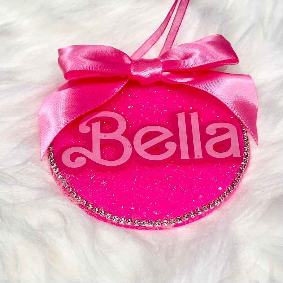 Personalized Pink Ornament with Bow – Custom Christmas Ornament with Rhinestone Trim, Perfect Stocking Stuffer - Handmade By Theia