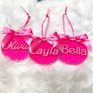 Personalized Pink Ornament with Bow – Custom Christmas Ornament with Rhinestone Trim, Perfect Stocking Stuffer - Handmade By Theia
