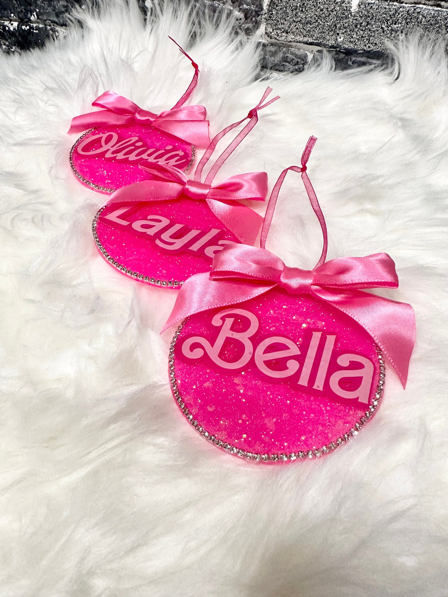 Personalized Pink Ornament with Bow – Custom Christmas Ornament with Rhinestone Trim, Perfect Stocking Stuffer - Handmade By Theia