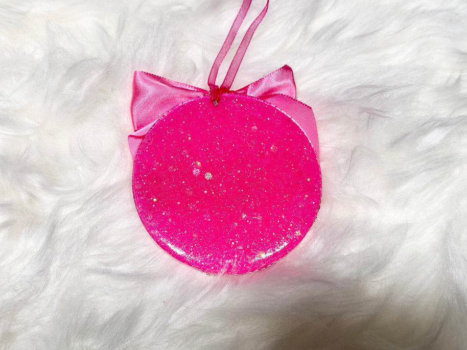 Personalized Pink Ornament with Bow – Custom Christmas Ornament with Rhinestone Trim, Perfect Stocking Stuffer - Handmade By Theia