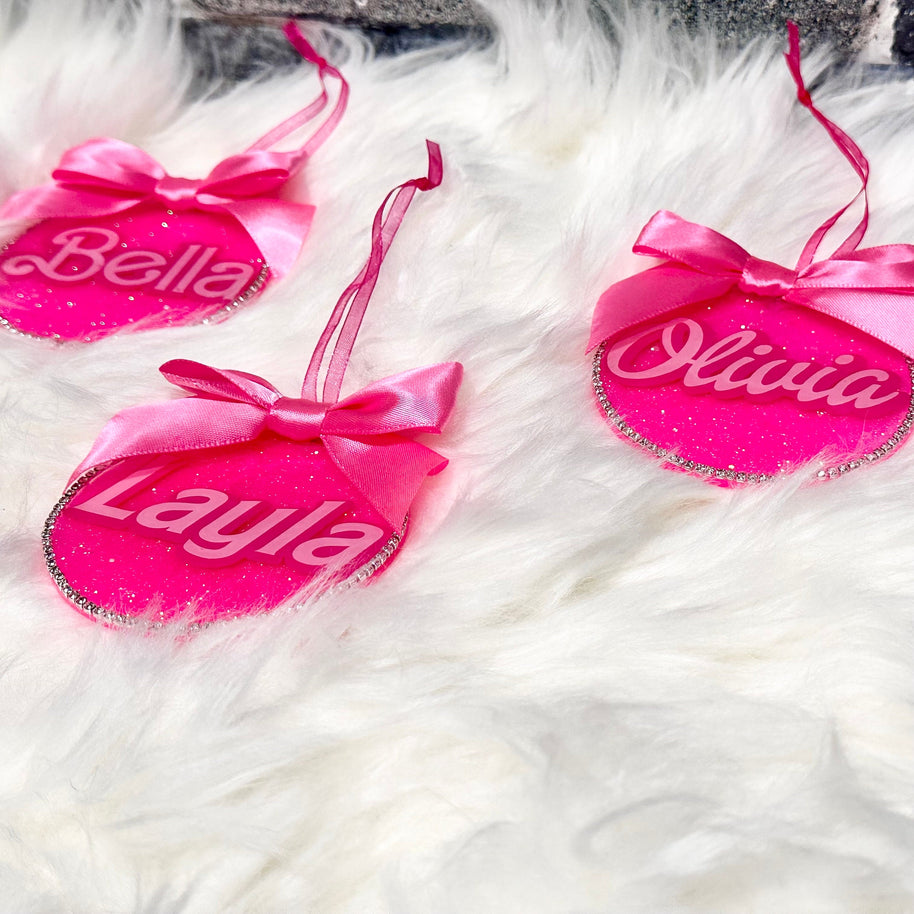 Personalized Pink Ornament with Bow – Custom Christmas Ornament with Rhinestone Trim, Perfect Stocking Stuffer - Handmade By Theia
