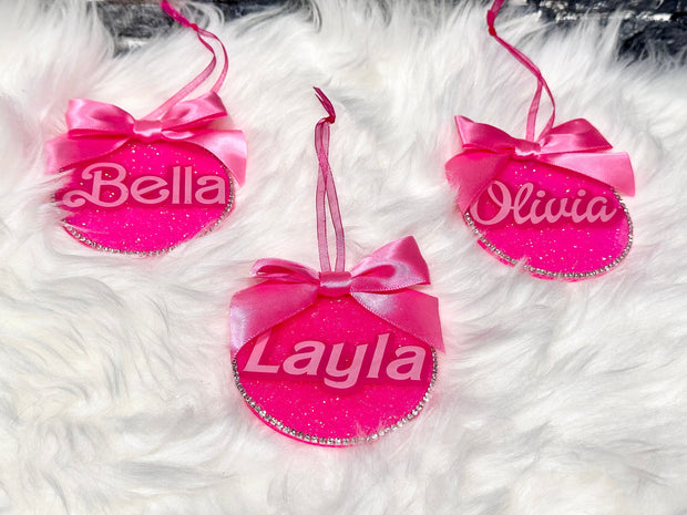 Personalized Pink Ornament with Bow – Custom Christmas Ornament with Rhinestone Trim, Perfect Stocking Stuffer - Handmade By Theia