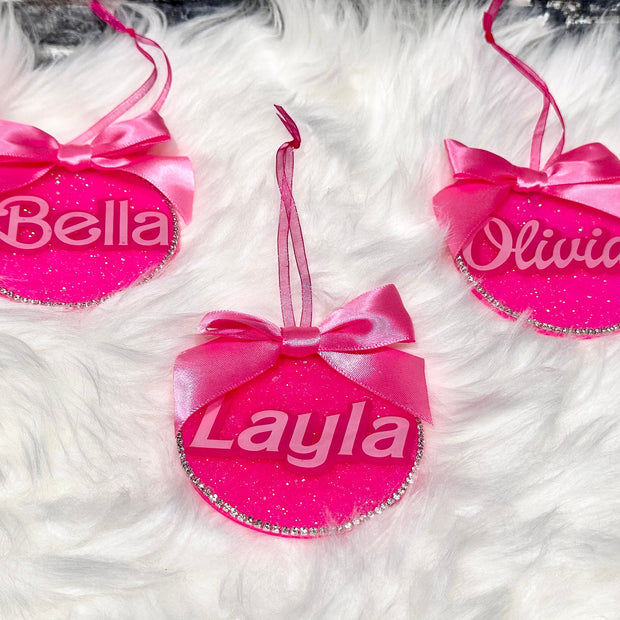 Personalized Pink Ornament with Bow – Custom Christmas Ornament with Rhinestone Trim, Perfect Stocking Stuffer - Handmade By Theia