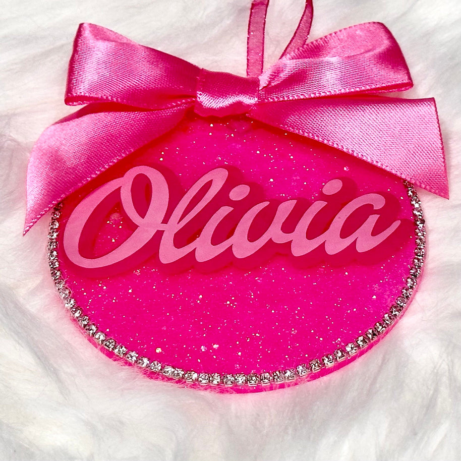 Personalized Pink Ornament with Bow – Custom Christmas Ornament with Rhinestone Trim, Perfect Stocking Stuffer - Handmade By Theia