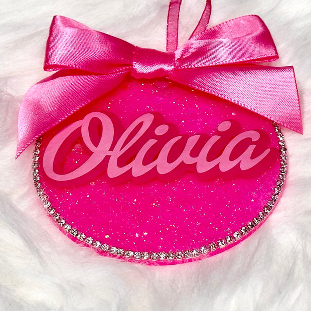 Personalized Pink Ornament with Bow – Custom Christmas Ornament with Rhinestone Trim, Perfect Stocking Stuffer - Handmade By Theia