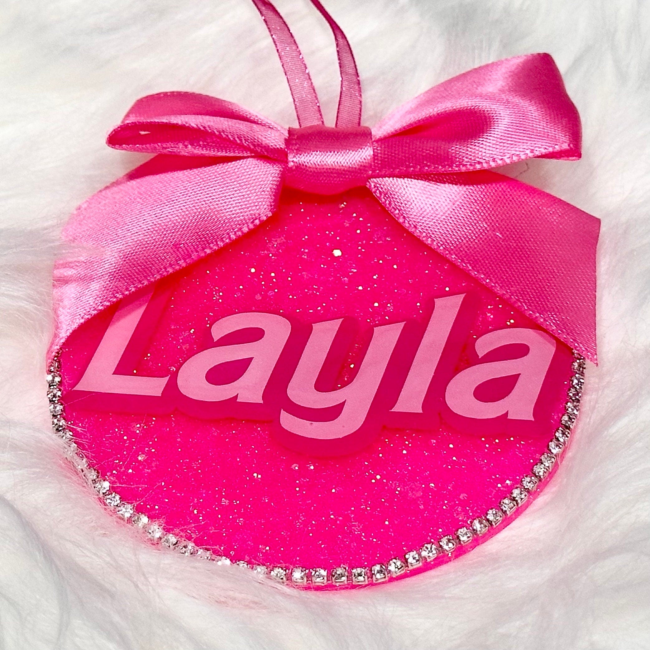 Personalized Pink Ornament with Bow – Custom Christmas Ornament with Rhinestone Trim, Perfect Stocking Stuffer - Handmade By Theia