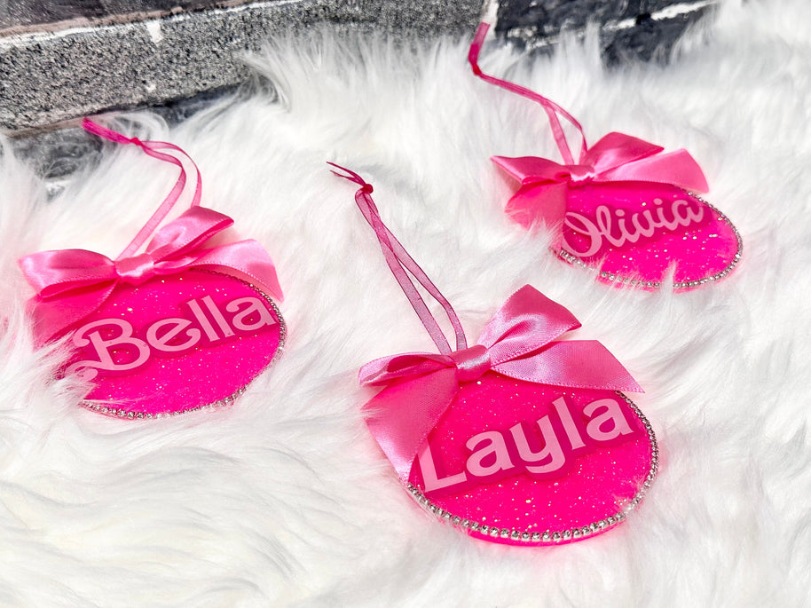 Personalized Pink Ornament with Bow – Custom Christmas Ornament with Rhinestone Trim, Perfect Stocking Stuffer - Handmade By Theia