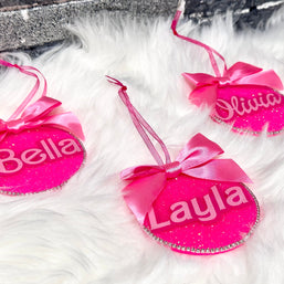 Personalized Pink Ornament with Bow – Custom Christmas Ornament with Rhinestone Trim, Perfect Stocking Stuffer - Handmade By Theia