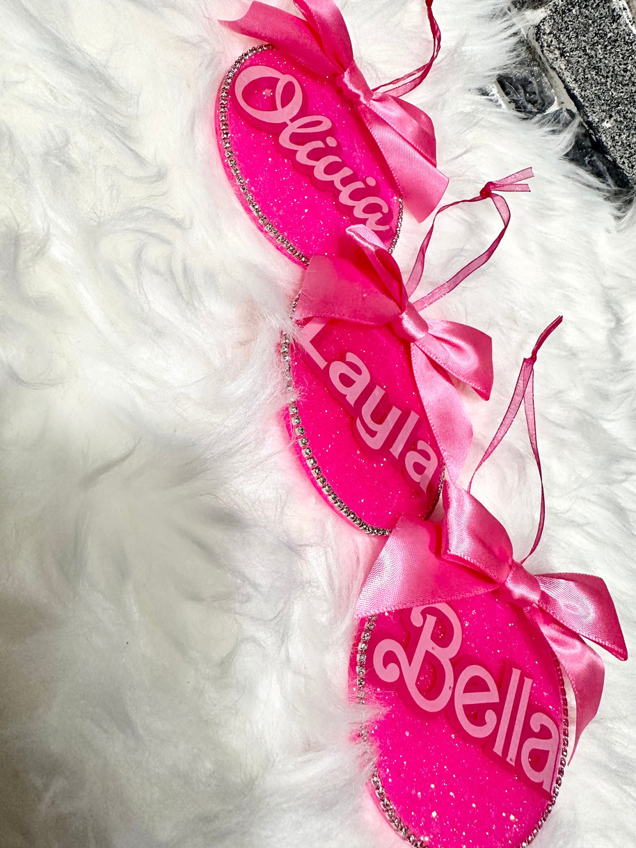 Personalized Pink Ornament with Bow – Custom Christmas Ornament with Rhinestone Trim, Perfect Stocking Stuffer - Handmade By Theia