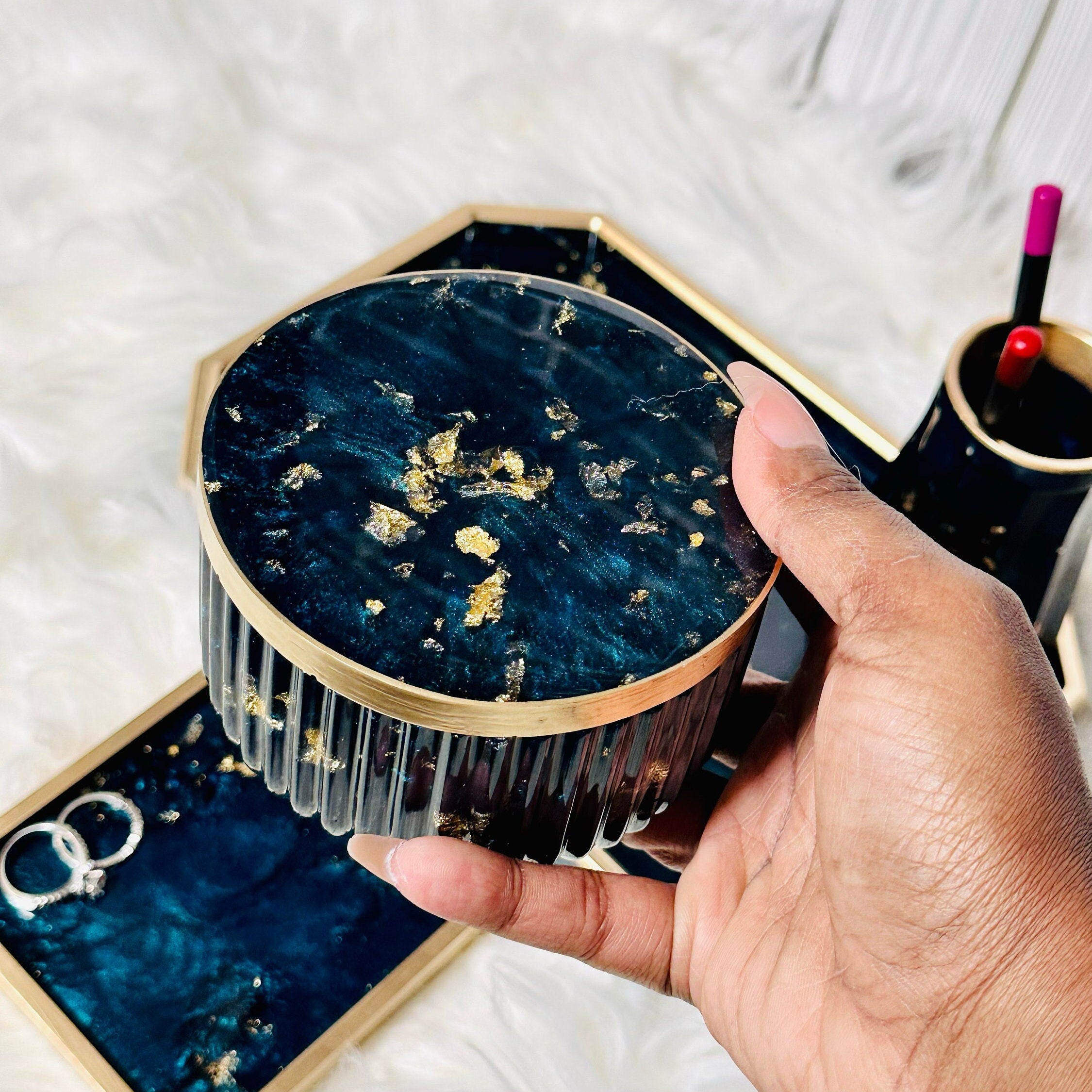 Resin Tray & Lidded Jar Set – Custom Vanity Tray & Jewelry Organizer – Handmade Gift for Her - Handmade By Theia
