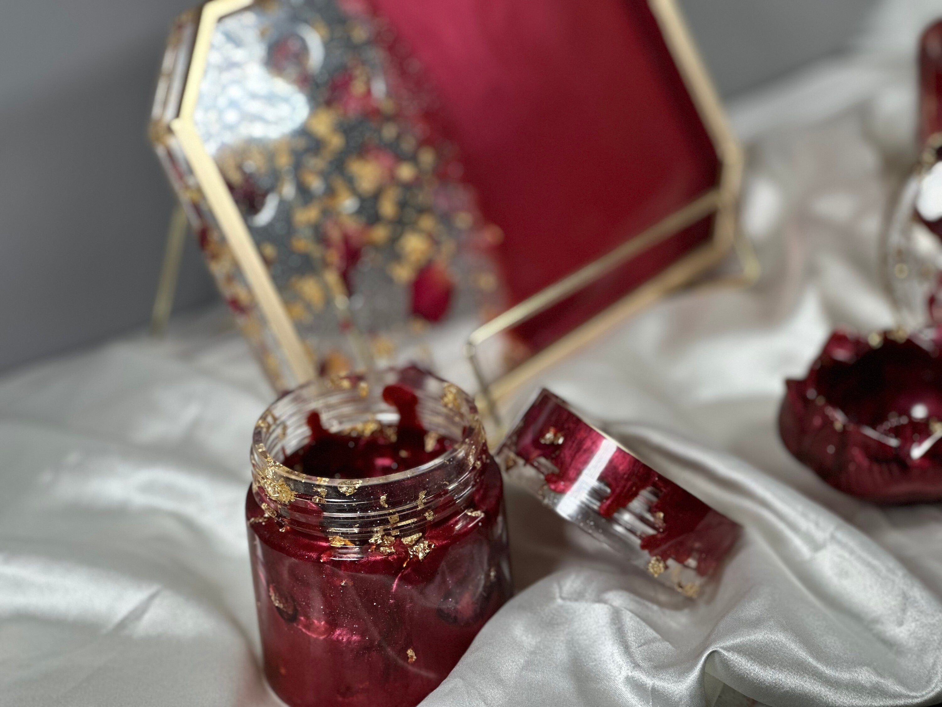 Rose Petal Resin Tray Set – 10″ Rolling Vanity Tray with Jar – Handmade Philadelphia - Handmade By Theia