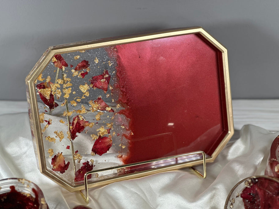 Rose Petal Resin Tray Set – 10″ Rolling Vanity Tray with Jar – Handmade Philadelphia - Handmade By Theia