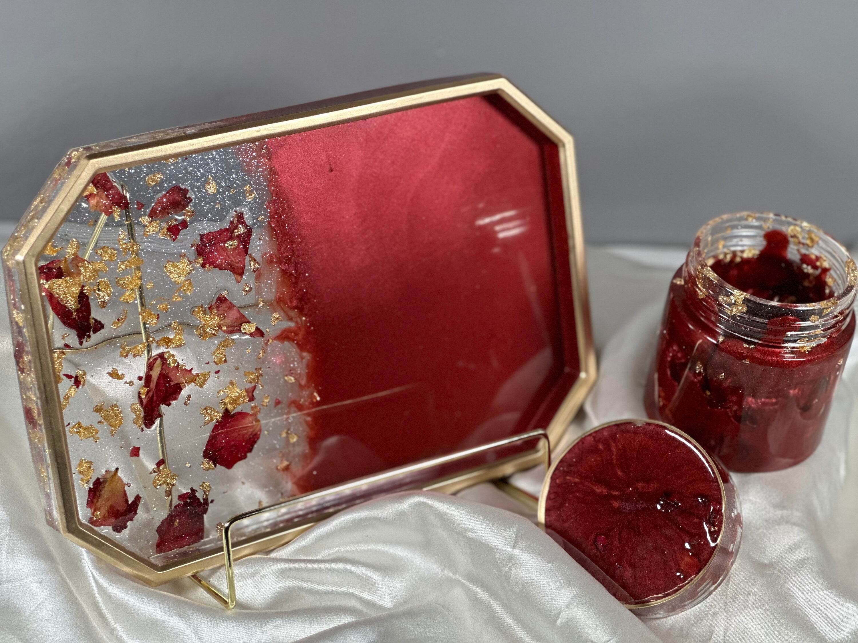 Rose Petal Resin Tray Set – 10″ Rolling Vanity Tray with Jar – Handmade Philadelphia - Handmade By Theia