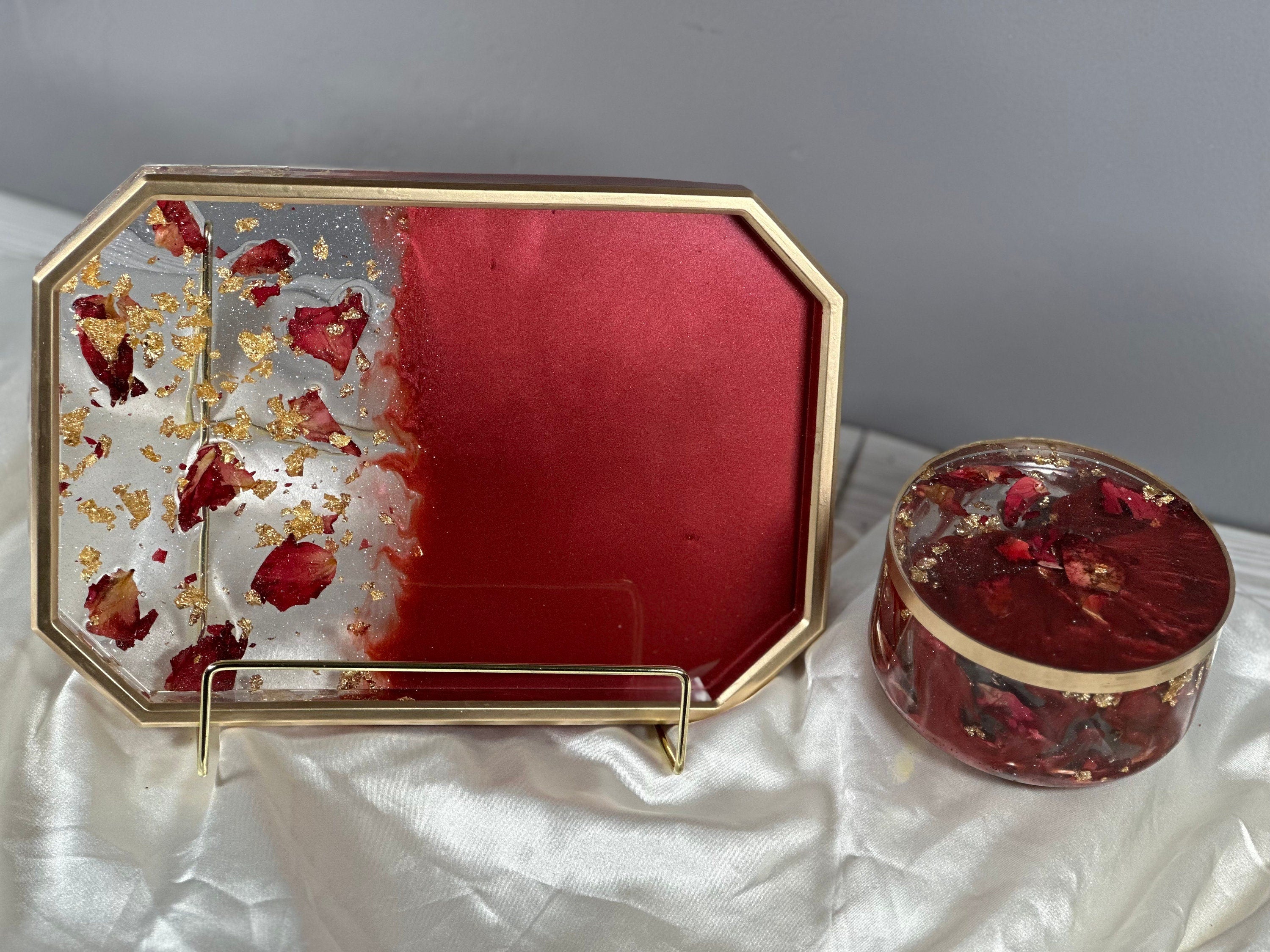 Rose Petal Resin Tray Set – 10″ Rolling Vanity Tray with Jar – Handmade Philadelphia - Handmade By Theia