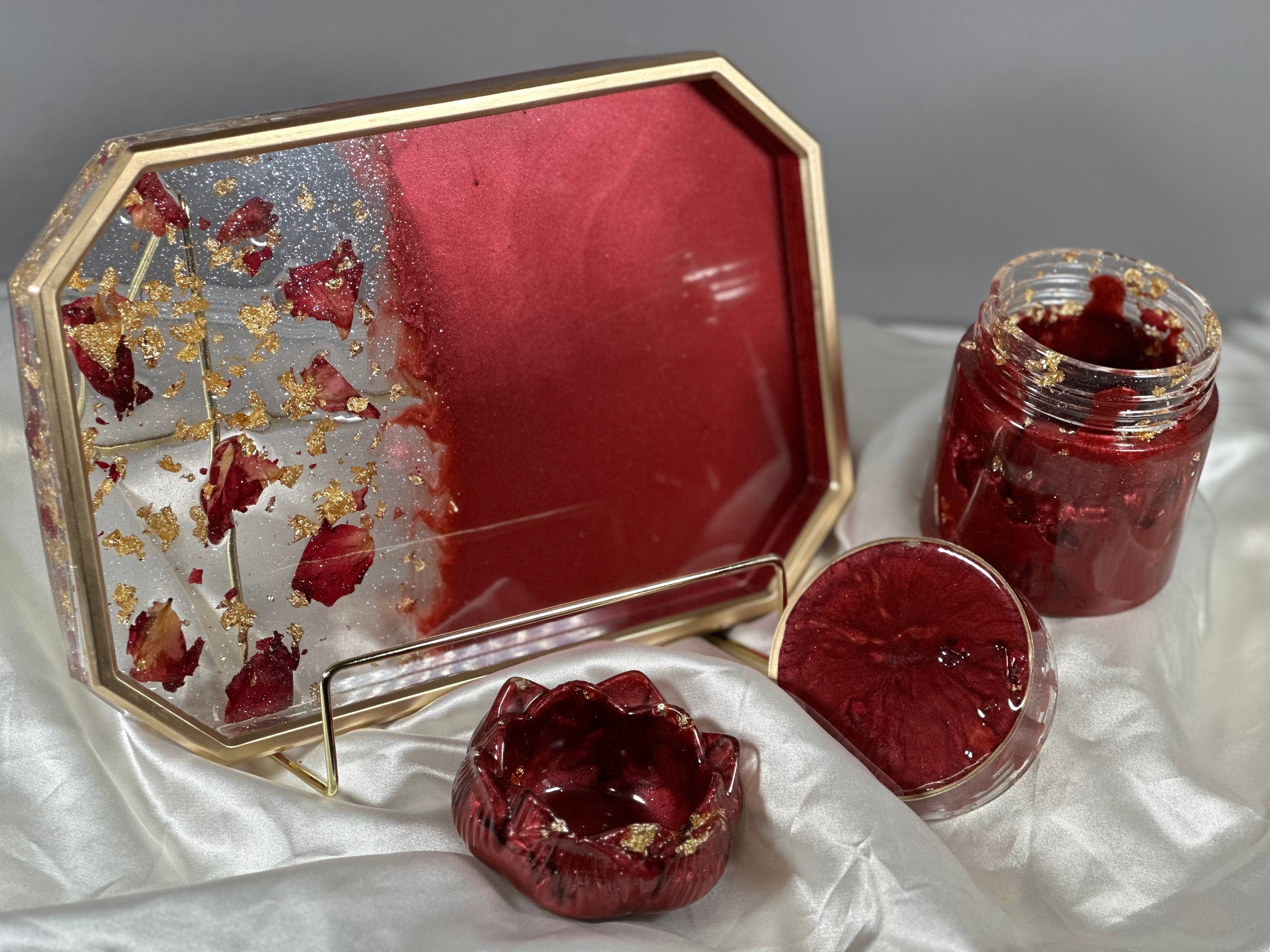 Rose Petal Resin Tray Set – 10″ Rolling Vanity Tray with Jar – Handmade Philadelphia - Handmade By Theia