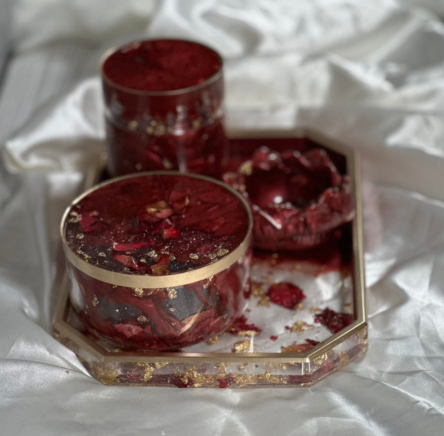 Rose Petal Resin Tray Set – 10″ Rolling Vanity Tray with Jar – Handmade Philadelphia - Handmade By Theia