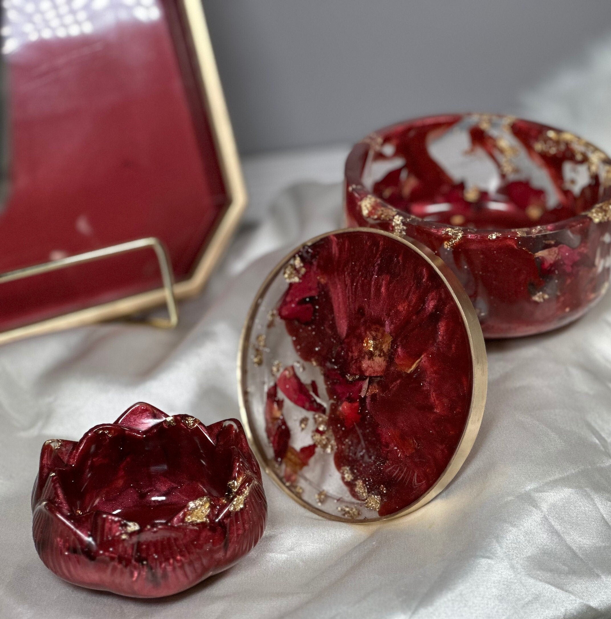 Rose Petal Resin Tray Set – 10″ Rolling Vanity Tray with Jar – Handmade Philadelphia - Handmade By Theia