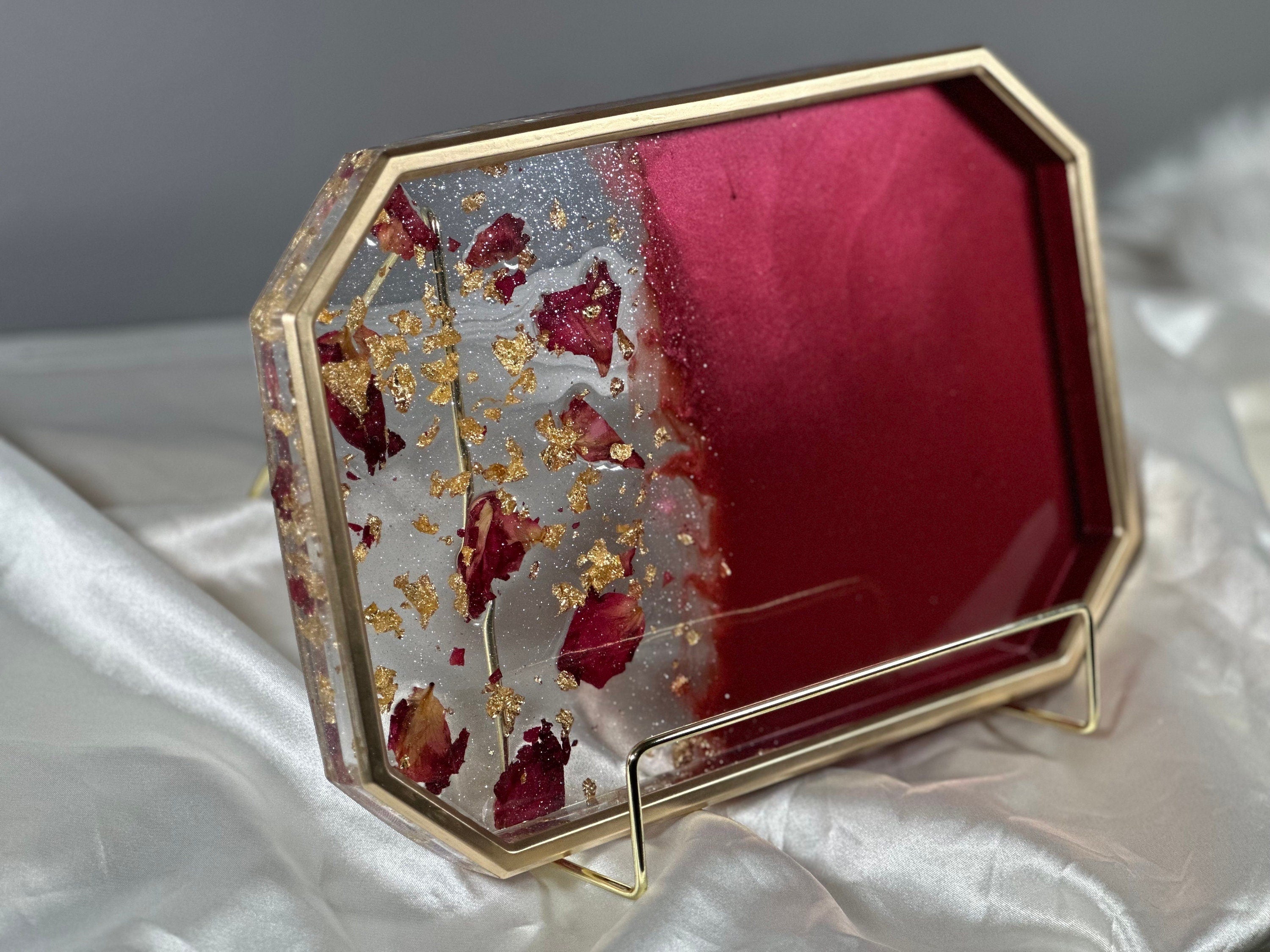 Rose Petal Resin Tray Set – 10″ Rolling Vanity Tray with Jar – Handmade Philadelphia - Handmade By Theia