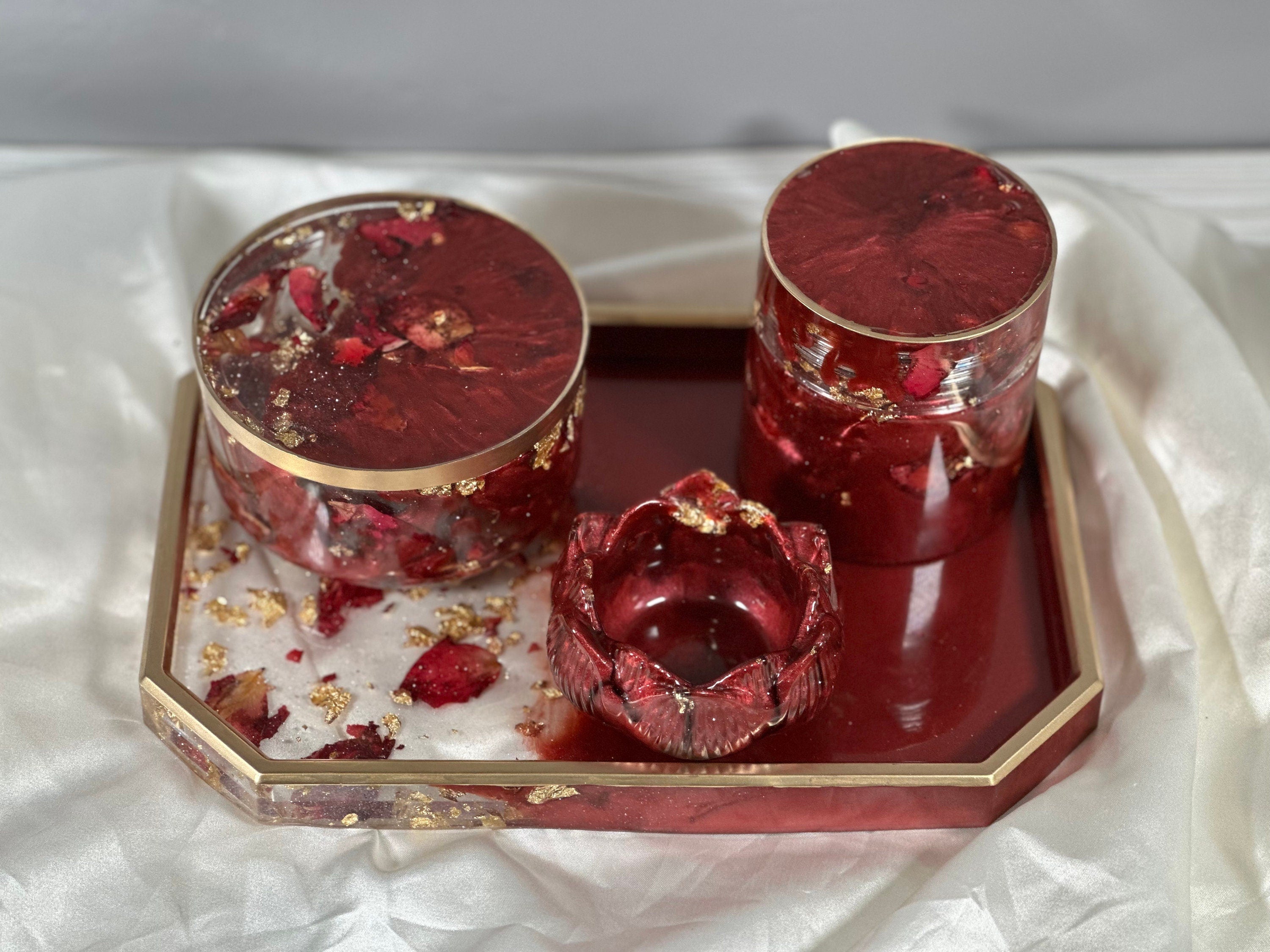 Rose Petal Resin Tray Set – 10″ Rolling Vanity Tray with Jar – Handmade Philadelphia - Handmade By Theia