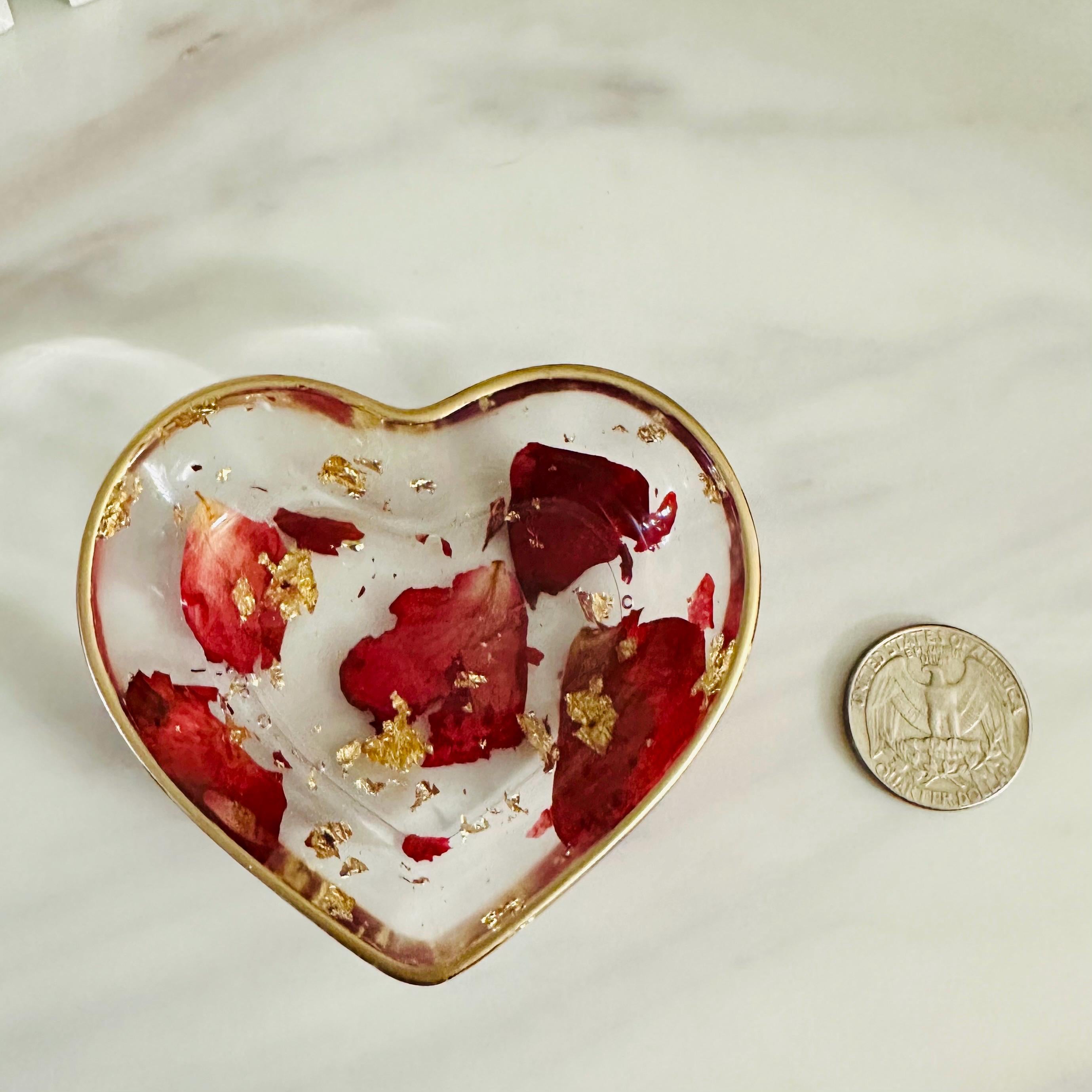 Heart-Shaped Resin Ring Dish – Pressed Rose Petals & Gold Flakes – Gift Boxed Jewelry Holder - Handmade By Theia