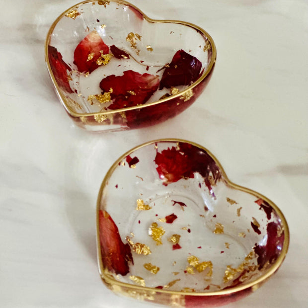 Heart-Shaped Resin Ring Dish – Pressed Rose Petals & Gold Flakes – Gift Boxed Jewelry Holder - Handmade By Theia