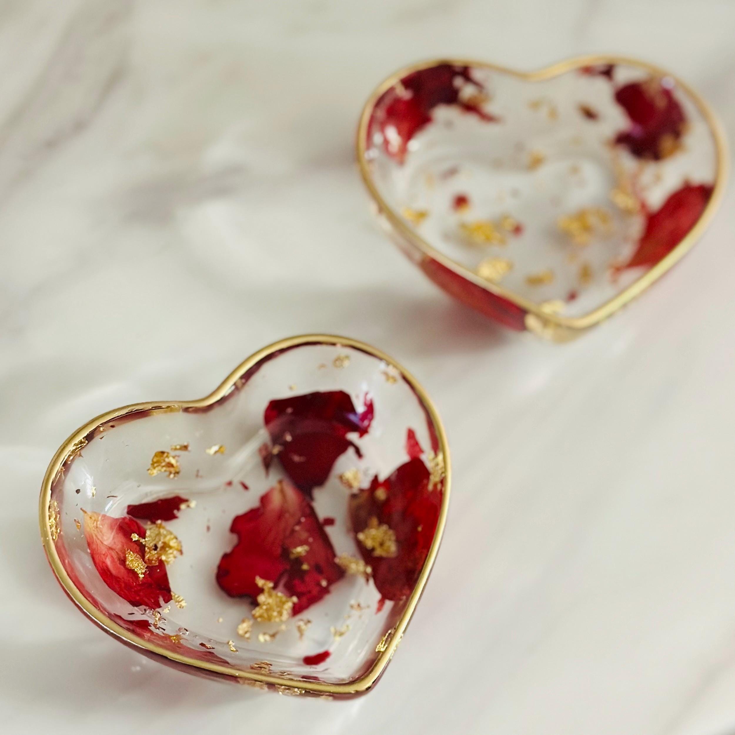 Heart-Shaped Resin Ring Dish – Pressed Rose Petals & Gold Flakes – Gift Boxed Jewelry Holder - Handmade By Theia