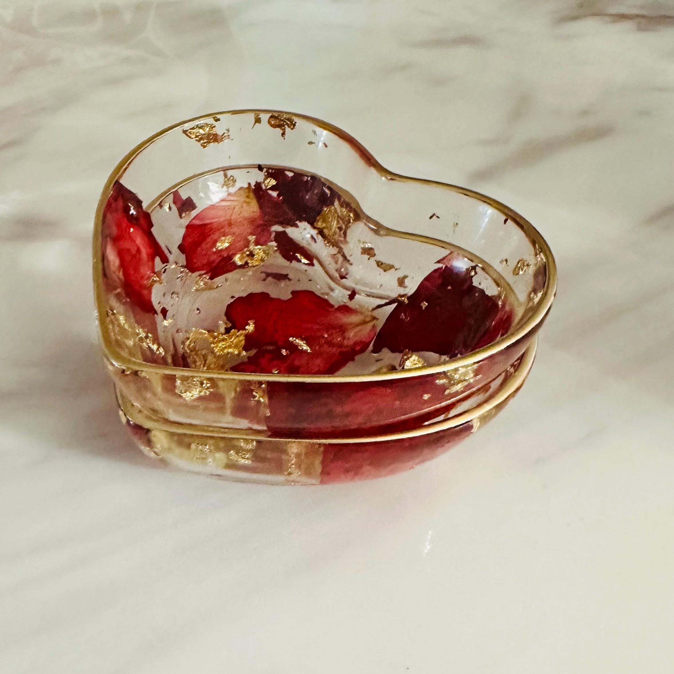 Heart-Shaped Resin Ring Dish – Pressed Rose Petals & Gold Flakes – Gift Boxed Jewelry Holder - Handmade By Theia