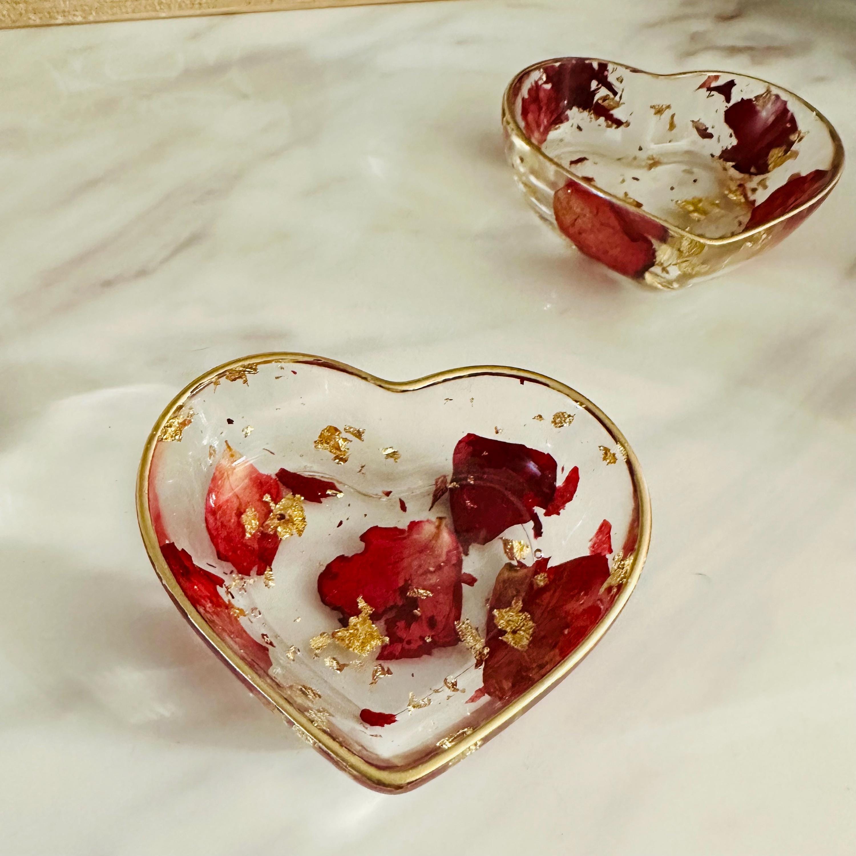 Heart-Shaped Resin Ring Dish – Pressed Rose Petals & Gold Flakes – Gift Boxed Jewelry Holder - Handmade By Theia