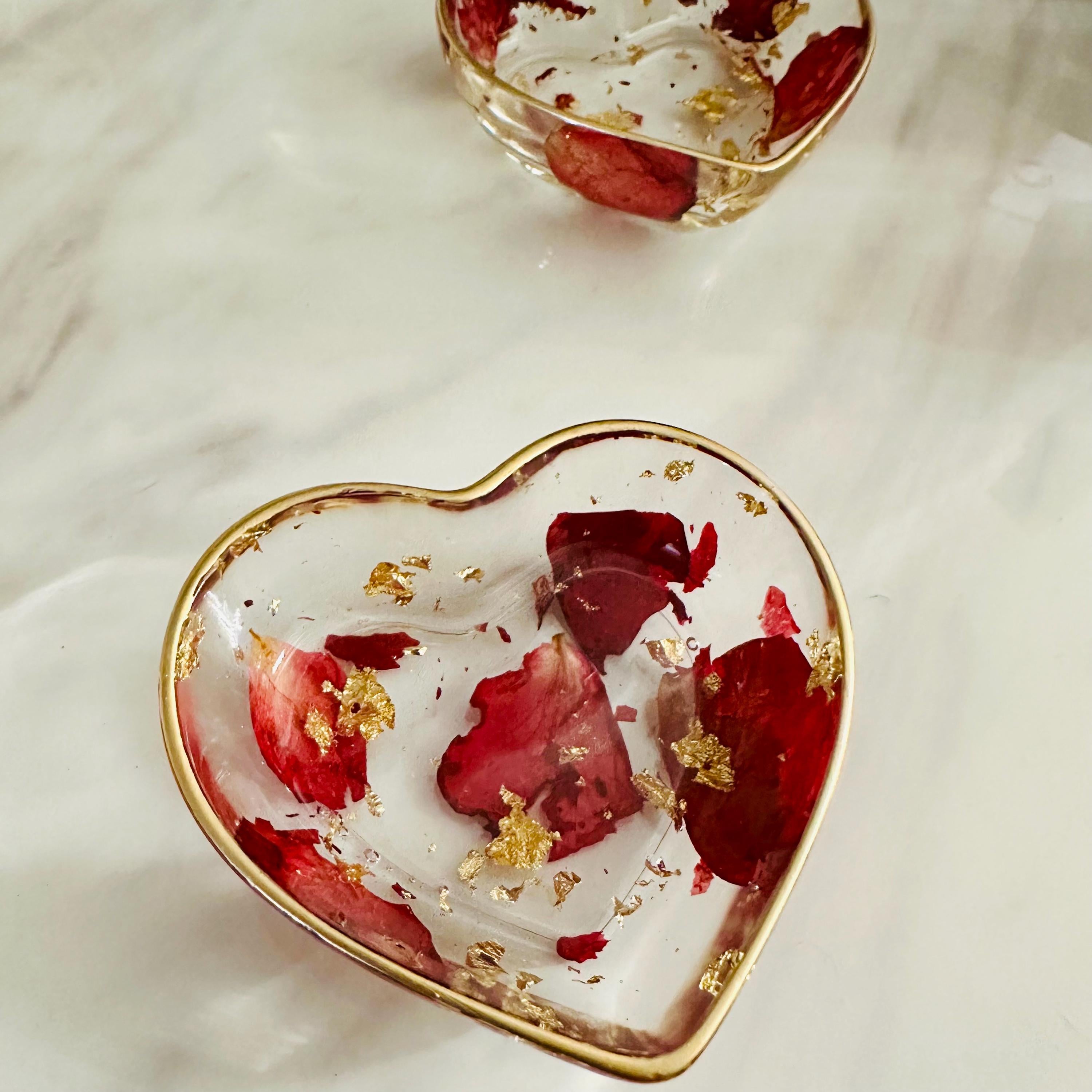 Heart-Shaped Resin Ring Dish – Pressed Rose Petals & Gold Flakes – Gift Boxed Jewelry Holder - Handmade By Theia