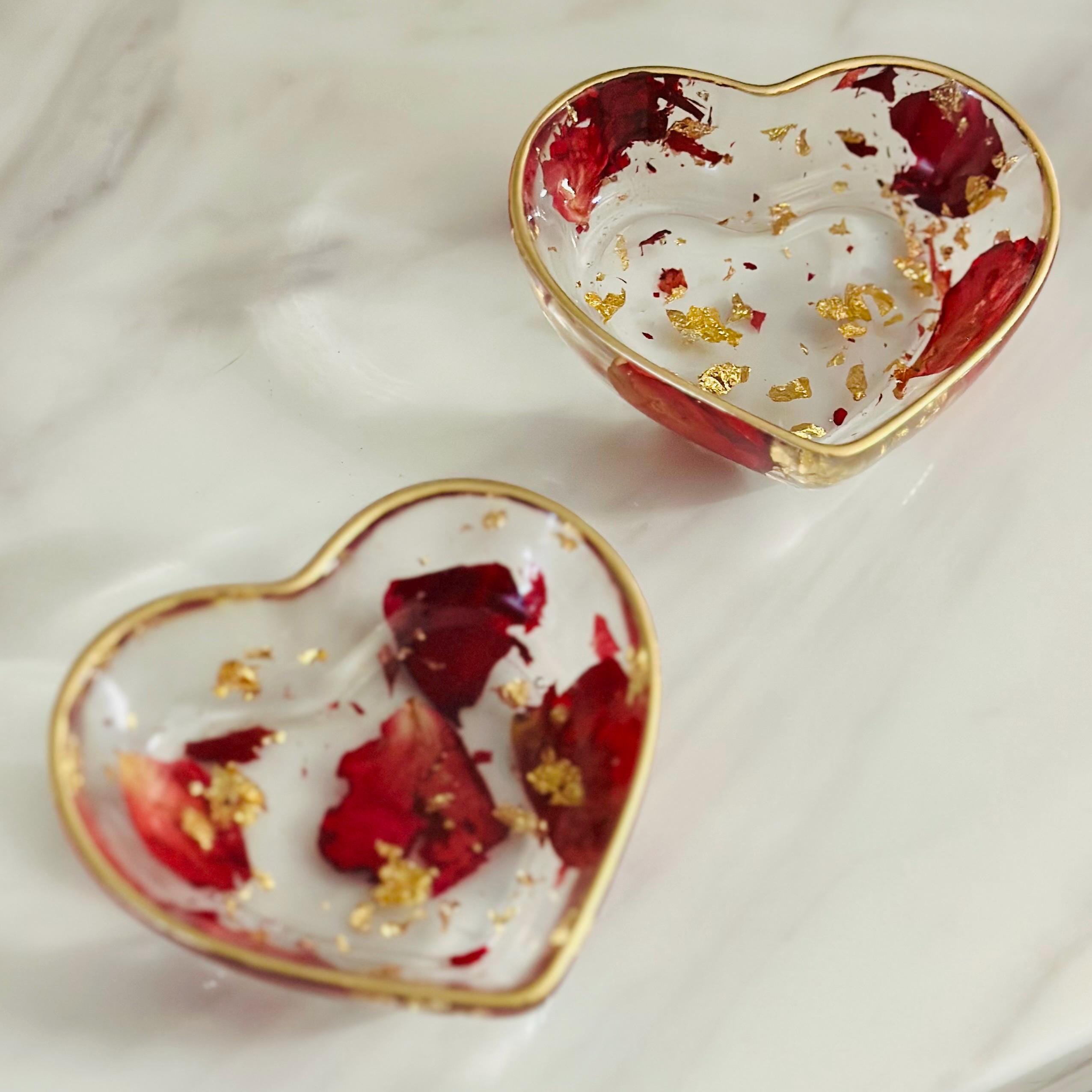 Heart-Shaped Resin Ring Dish – Pressed Rose Petals & Gold Flakes – Gift Boxed Jewelry Holder - Handmade By Theia