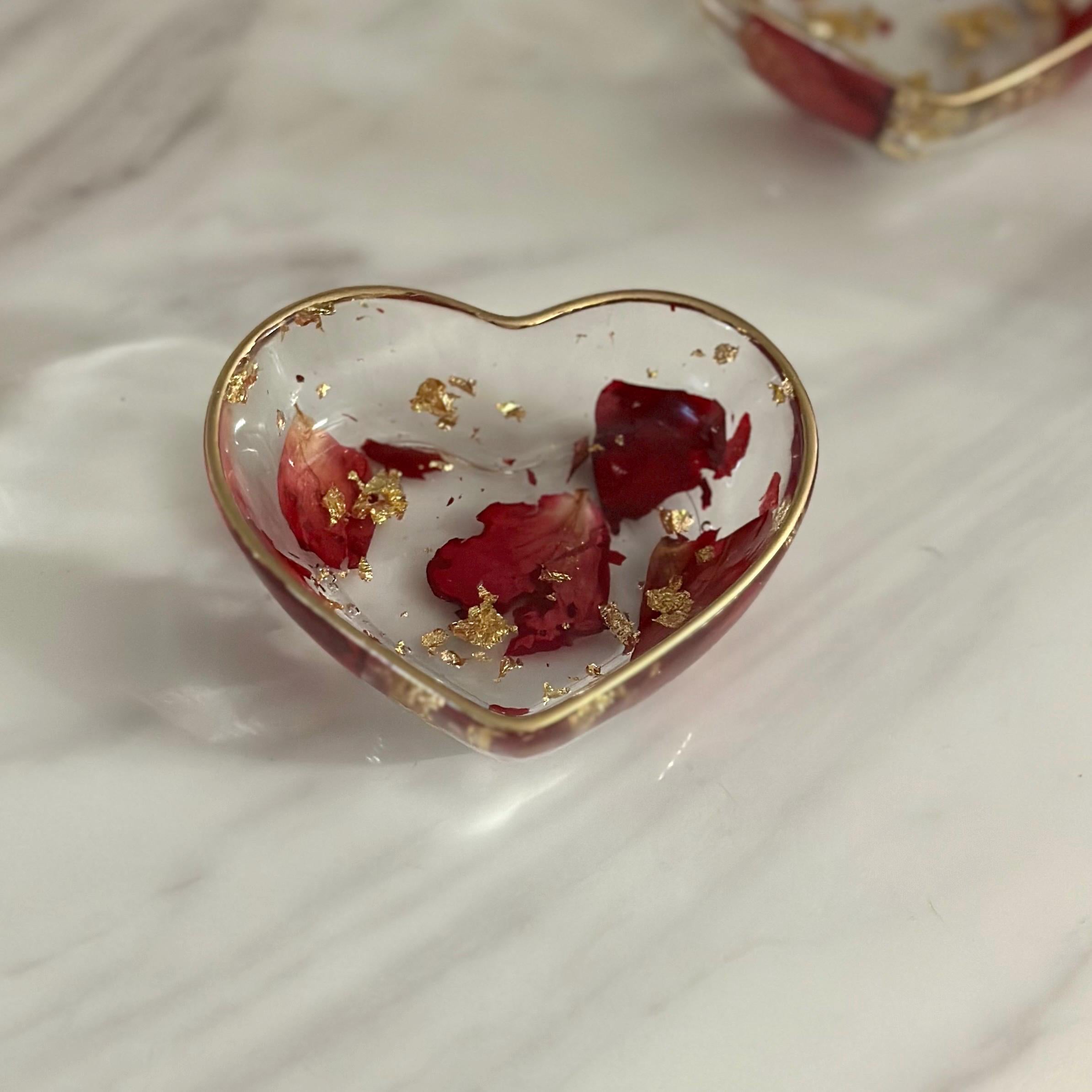 Heart-Shaped Resin Ring Dish – Pressed Rose Petals & Gold Flakes – Gift Boxed Jewelry Holder - Handmade By Theia